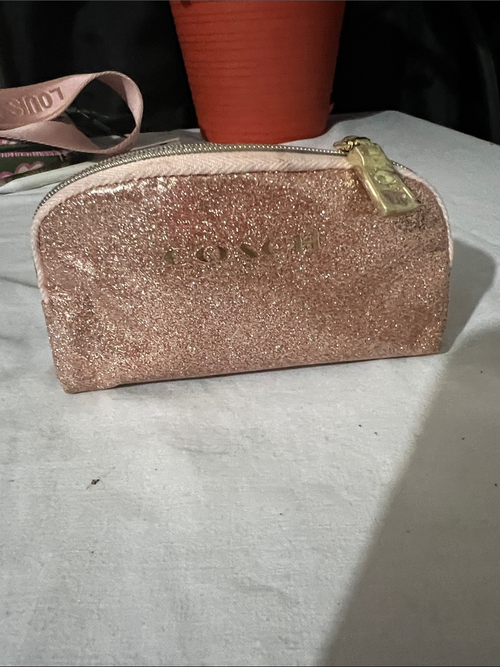 Coach Rose Gold Glitter Cosmetic Pouch with Gold Trim